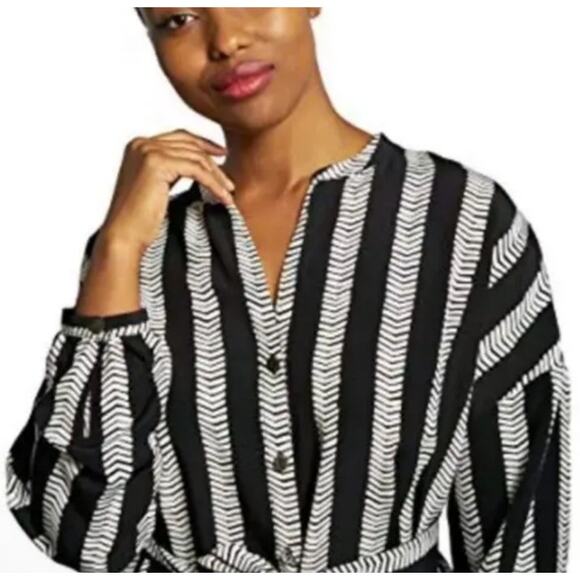 Dubgee By Whoopi Womens Long Sleeve Shirt Dress 3X Black Stripe Belted Pockets - Picture 2 of 11